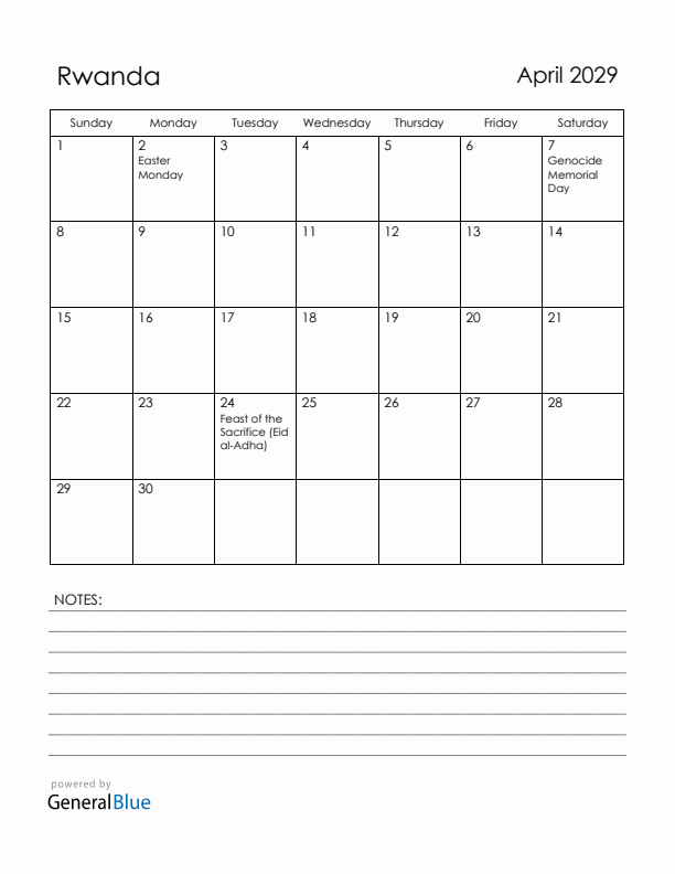 April 2029 Rwanda Calendar with Holidays (Sunday Start)