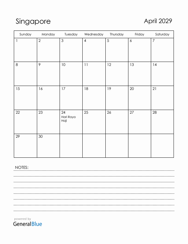 April 2029 Singapore Calendar with Holidays (Sunday Start)