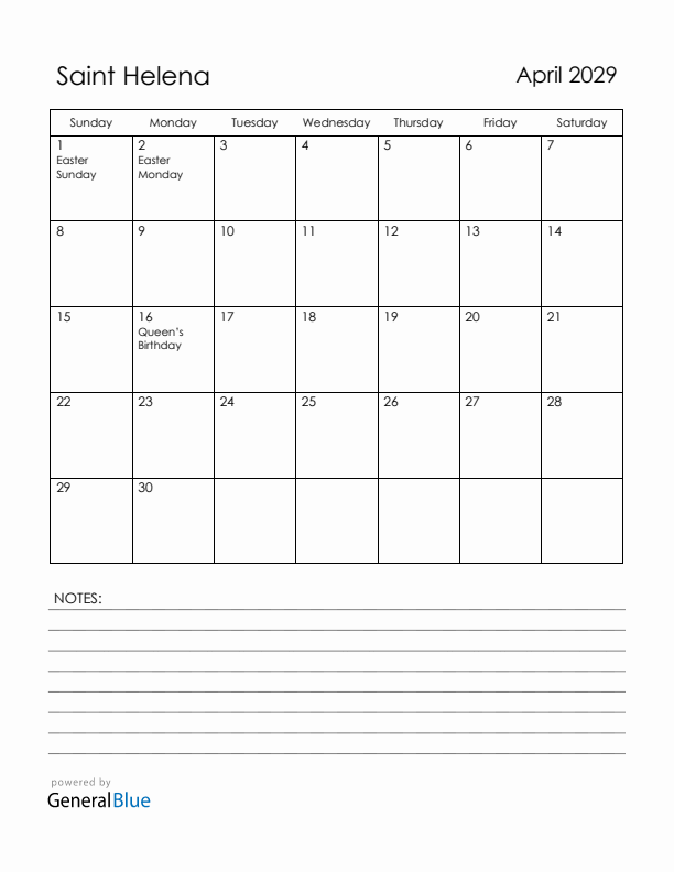 April 2029 Saint Helena Calendar with Holidays (Sunday Start)