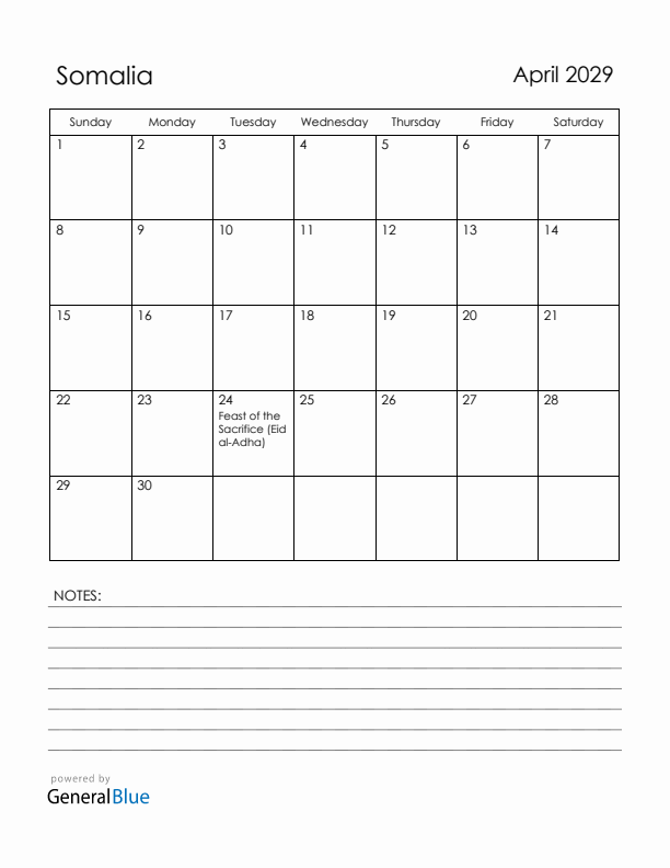 April 2029 Somalia Calendar with Holidays (Sunday Start)