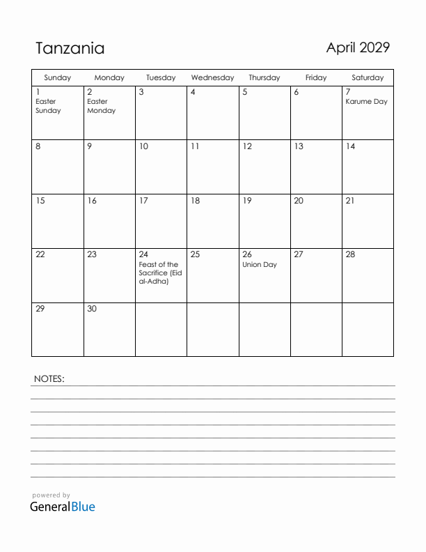 April 2029 Tanzania Calendar with Holidays (Sunday Start)