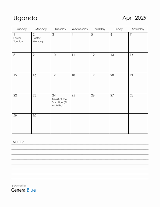 April 2029 Uganda Calendar with Holidays (Sunday Start)
