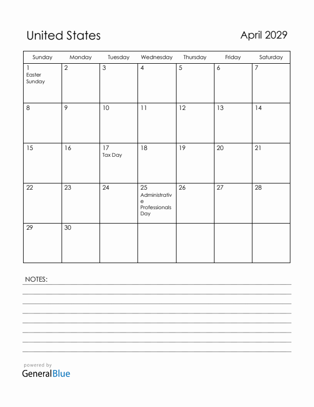 April 2029 United States Calendar with Holidays (Sunday Start)