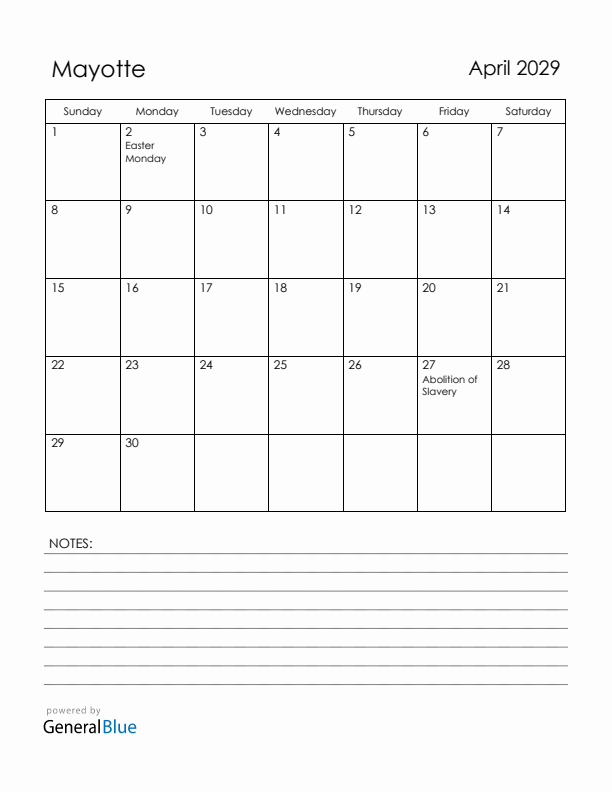April 2029 Mayotte Calendar with Holidays (Sunday Start)