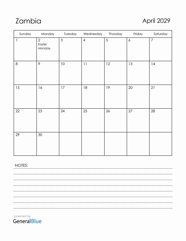 April 2029 Zambia Calendar with Holidays (Sunday Start)