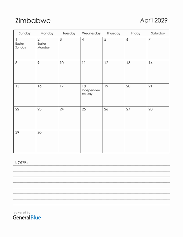 April 2029 Zimbabwe Calendar with Holidays (Sunday Start)