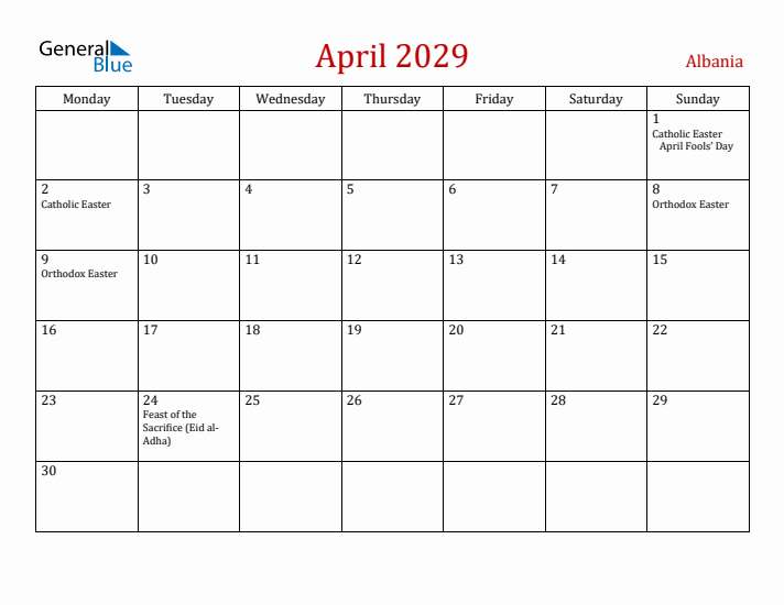Albania April 2029 Calendar - Monday Start