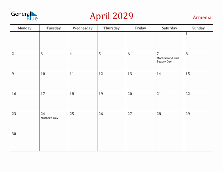 Armenia April 2029 Calendar - Monday Start