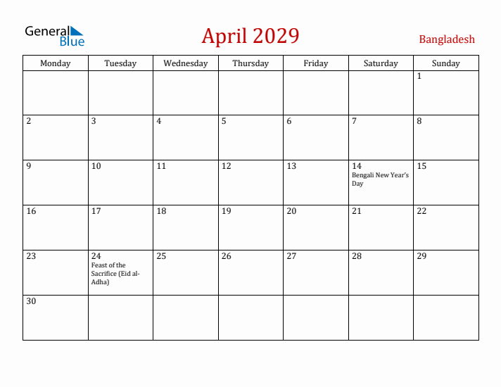 Bangladesh April 2029 Calendar - Monday Start