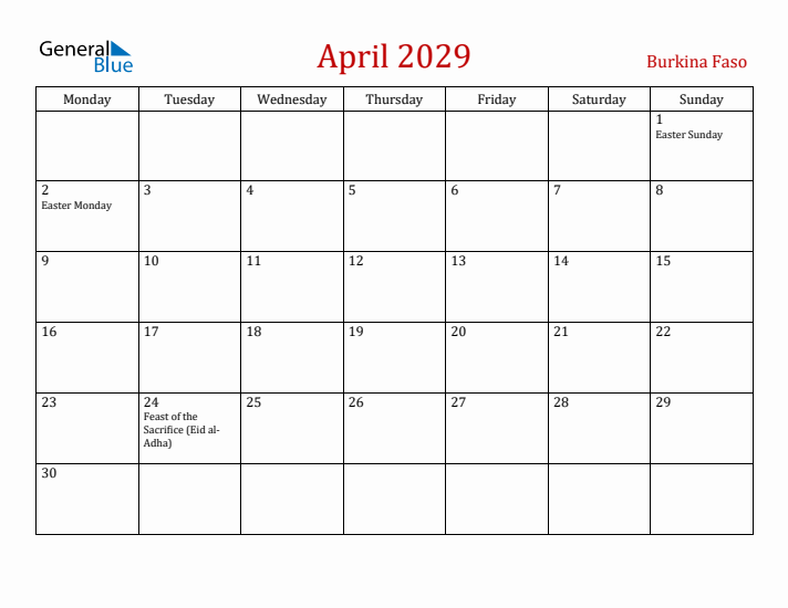 Burkina Faso April 2029 Calendar - Monday Start