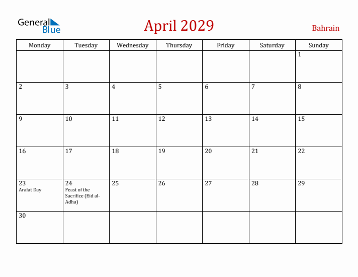 Bahrain April 2029 Calendar - Monday Start
