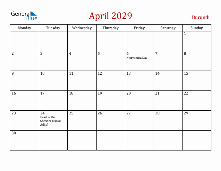 Burundi April 2029 Calendar - Monday Start