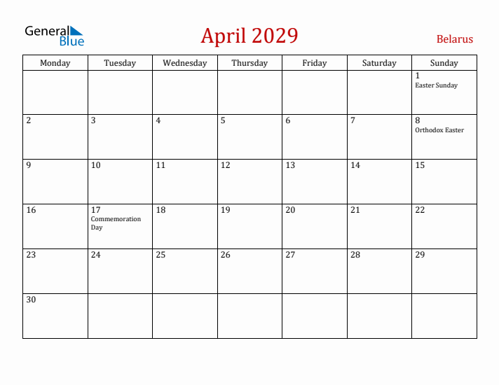 Belarus April 2029 Calendar - Monday Start
