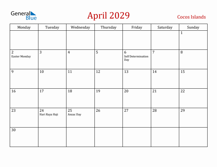 Cocos Islands April 2029 Calendar - Monday Start