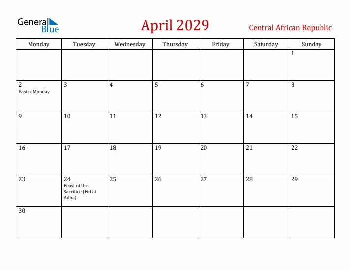 Central African Republic April 2029 Calendar - Monday Start
