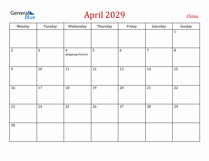 China April 2029 Calendar - Monday Start