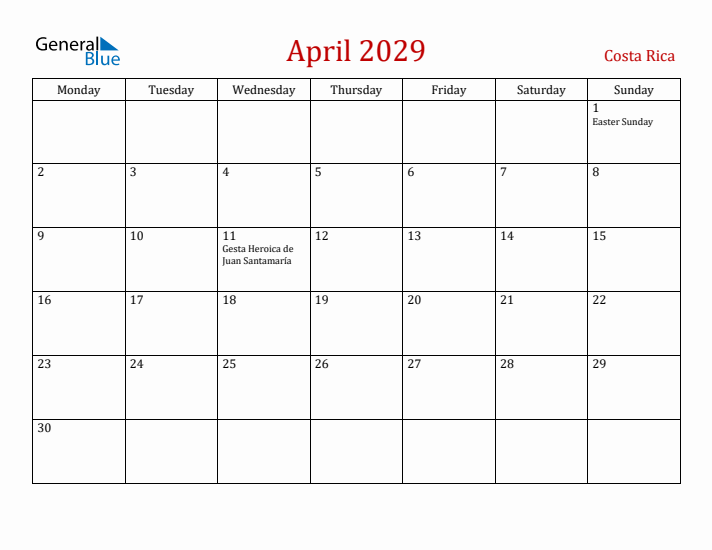Costa Rica April 2029 Calendar - Monday Start