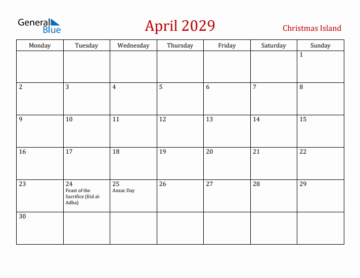 Christmas Island April 2029 Calendar - Monday Start