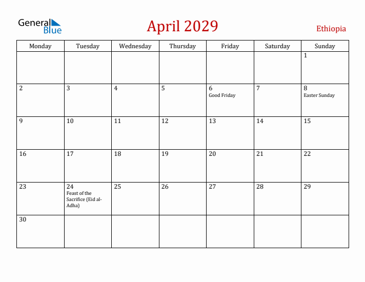 Ethiopia April 2029 Calendar - Monday Start
