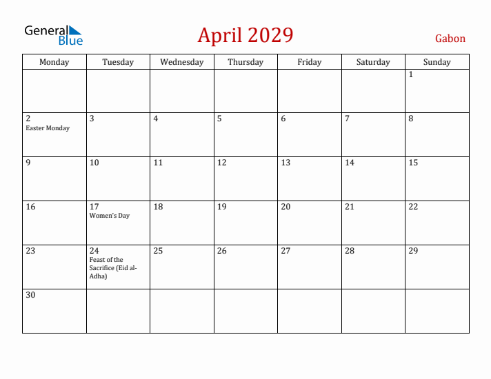 Gabon April 2029 Calendar - Monday Start