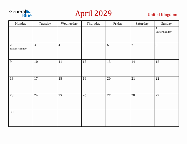 United Kingdom April 2029 Calendar - Monday Start