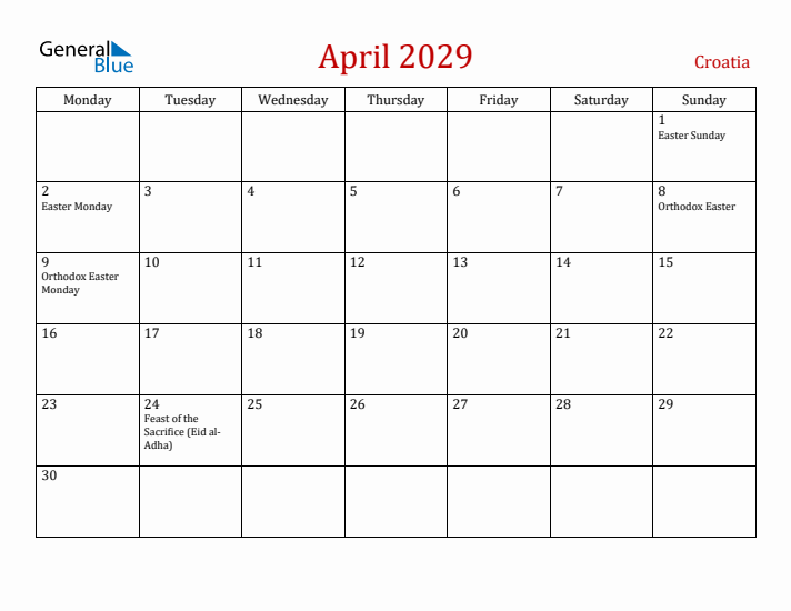 Croatia April 2029 Calendar - Monday Start