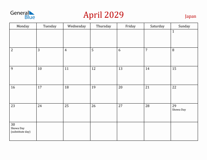 Japan April 2029 Calendar - Monday Start