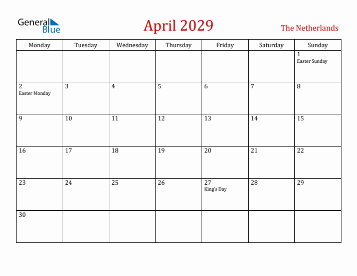 The Netherlands April 2029 Calendar - Monday Start