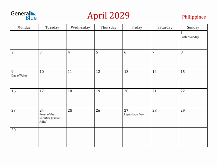 Philippines April 2029 Calendar - Monday Start