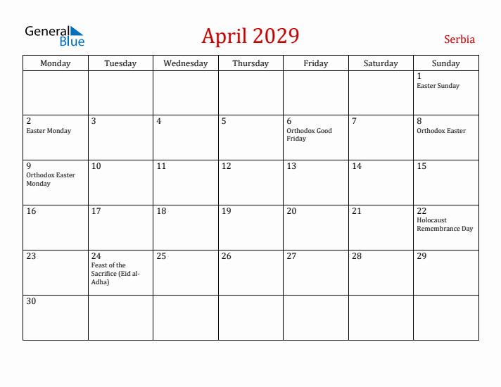 Serbia April 2029 Calendar - Monday Start