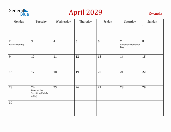 Rwanda April 2029 Calendar - Monday Start