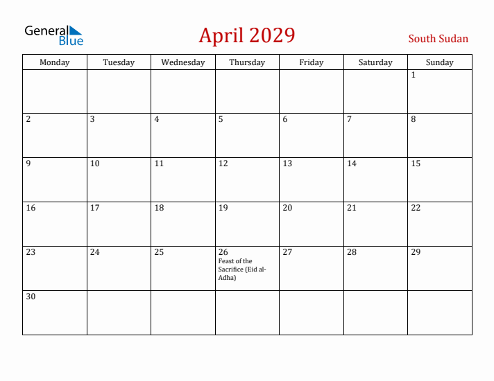 South Sudan April 2029 Calendar - Monday Start