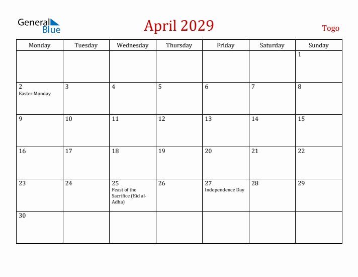 Togo April 2029 Calendar - Monday Start
