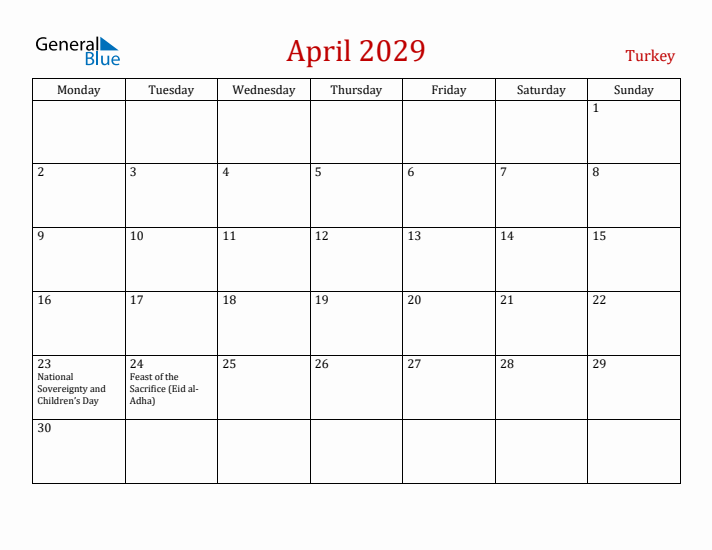 Turkey April 2029 Calendar - Monday Start