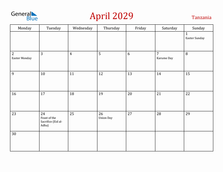 Tanzania April 2029 Calendar - Monday Start