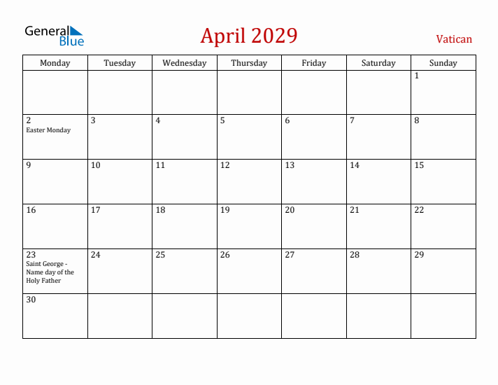 Vatican April 2029 Calendar - Monday Start