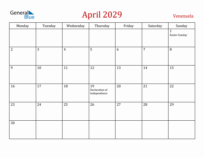 Venezuela April 2029 Calendar - Monday Start
