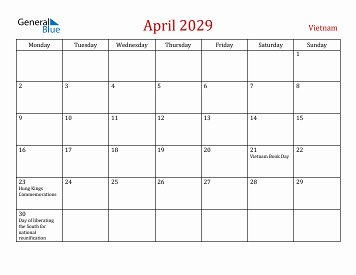 Vietnam April 2029 Calendar - Monday Start