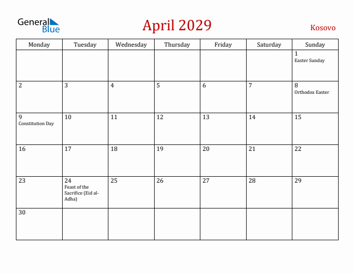Kosovo April 2029 Calendar - Monday Start
