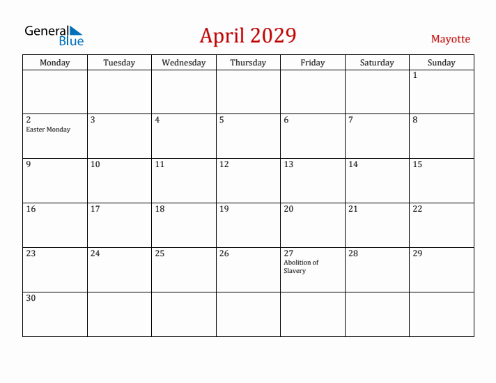 Mayotte April 2029 Calendar - Monday Start