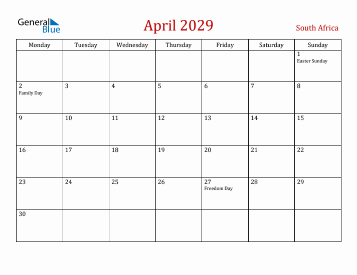South Africa April 2029 Calendar - Monday Start