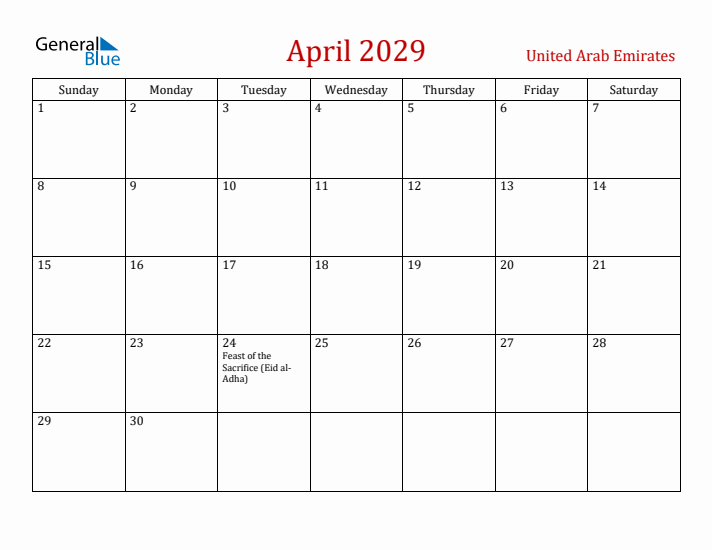 United Arab Emirates April 2029 Calendar - Sunday Start