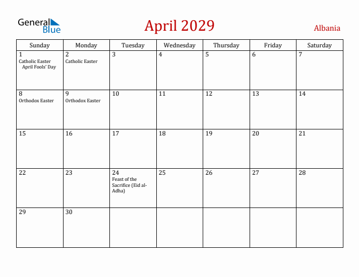 Albania April 2029 Calendar - Sunday Start