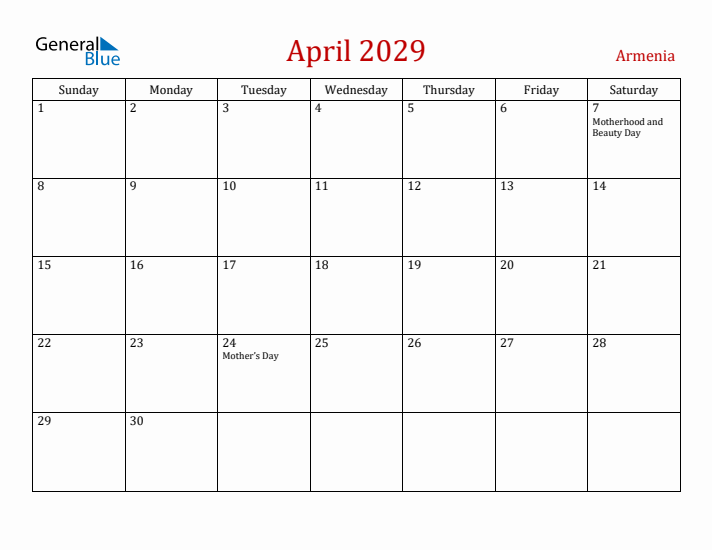 Armenia April 2029 Calendar - Sunday Start