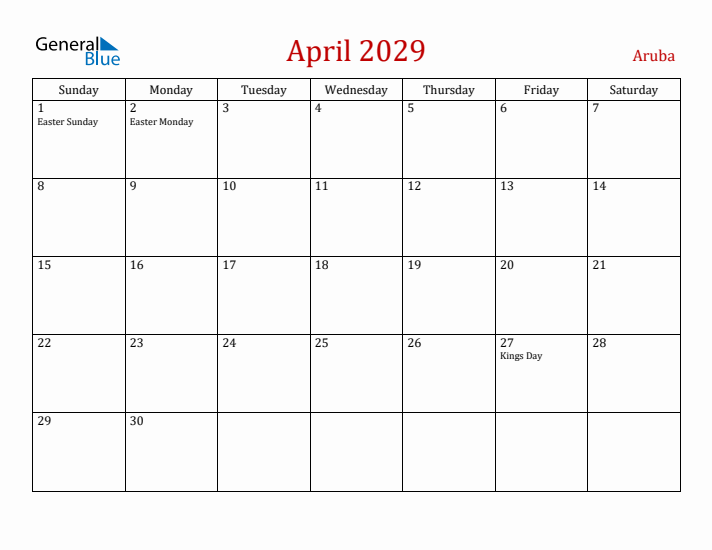 Aruba April 2029 Calendar - Sunday Start