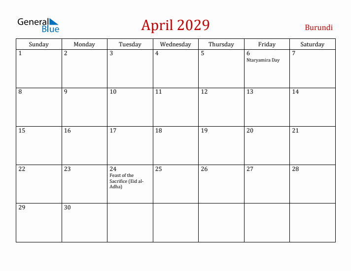 Burundi April 2029 Calendar - Sunday Start