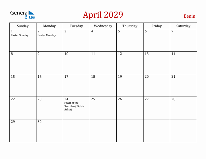 Benin April 2029 Calendar - Sunday Start