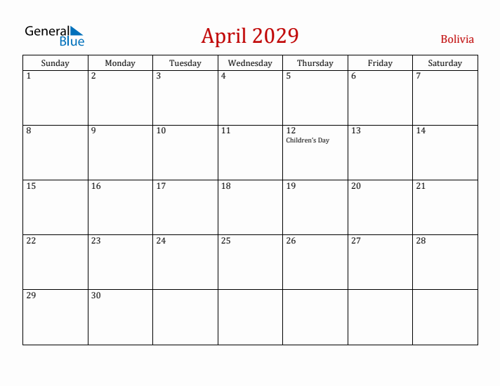 Bolivia April 2029 Calendar - Sunday Start