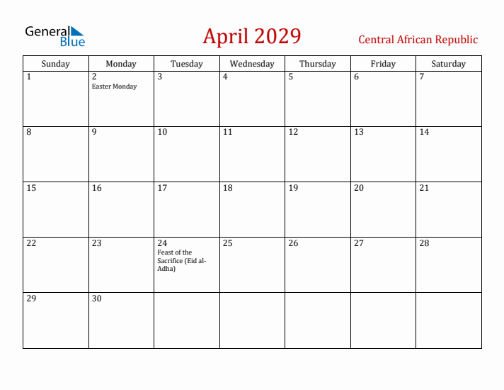 Central African Republic April 2029 Calendar - Sunday Start