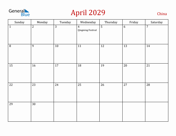 China April 2029 Calendar - Sunday Start